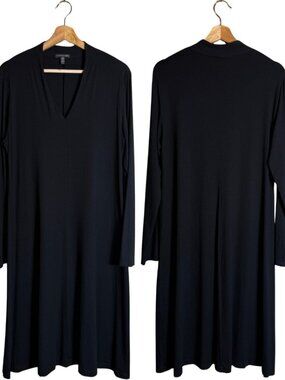 Eileen Fisher Viscose Jersey V-Neck Midi Dress Womens Medium Black Designer NWOT